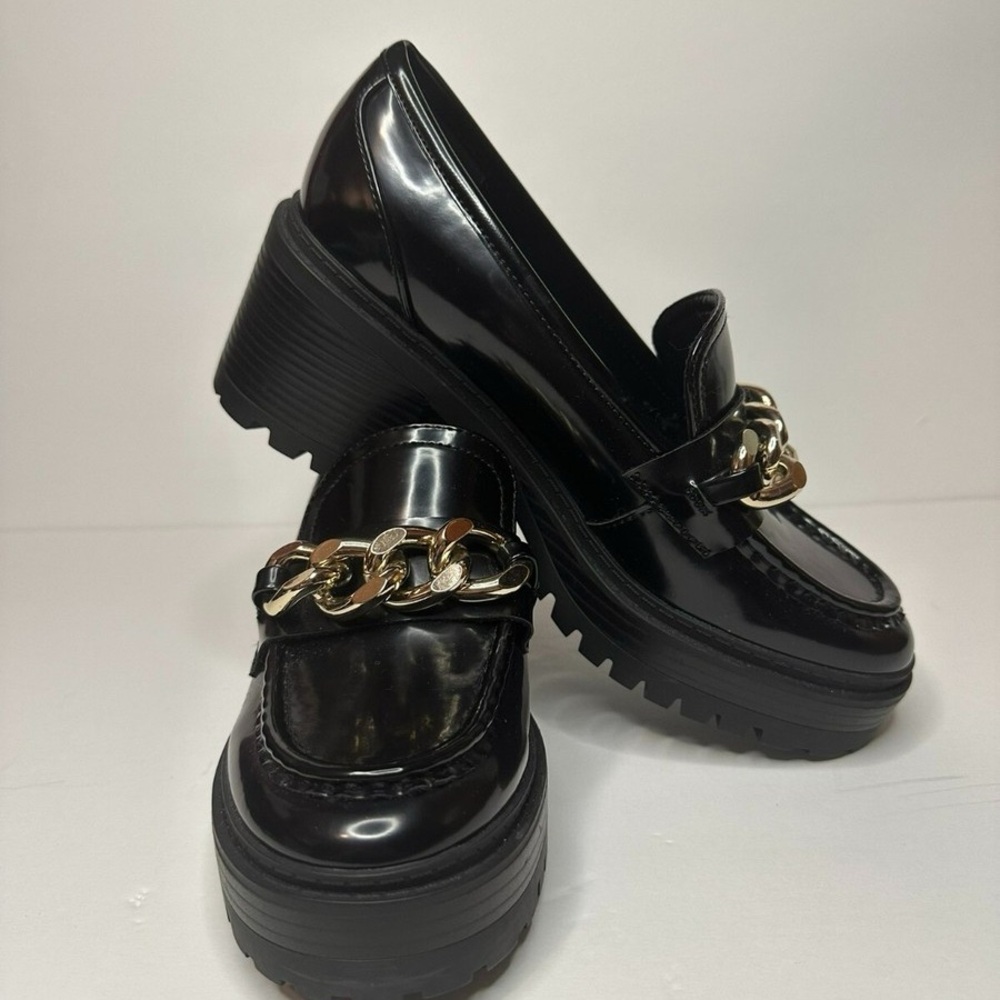 Guess Shiny Black Loafers with Gold Accent